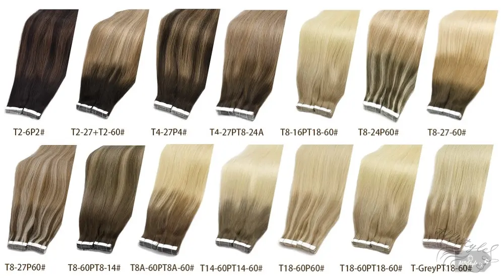 Vlasové PU pásky tape in na prodlužování vlasů 40cm ombré balayage 02/27/60 - tmavě hnědá / tmavá blond / platina