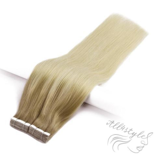Vlasové PU pásky tape in na prodlužování vlasů 40cm ombré balayage šedá/18/60 - šedá / nejsvětlejší hnědá / platina