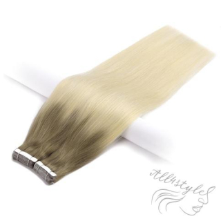 Vlasové PU pásky tape in na prodlužování vlasů 50cm ombré 14/60 - tmavá blond / platina