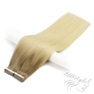 Vlasové PU pásky tape in na prodlužování vlasů 50cm ombré 18/60 - nejsvětlejší hnědá / platina