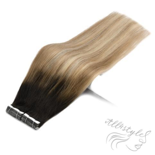 Vlasové PU pásky tape in na prodlužování vlasů 50cm ombré balayage 02/27/60 - tmavě hnědá / tmavá blond / platina