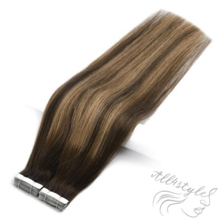Vlasové PU pásky tape in na prodlužování vlasů 50cm ombré balayage 04/27/04 - středně hnědá / tmavá blond