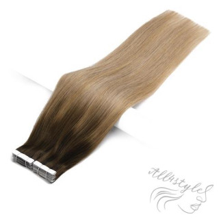 Vlasové PU pásky tape in na prodlužování vlasů 60cm ombré balayage 04/27/24 - středně hnědá / tmavá blond / platinová extra