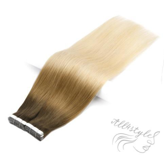 Vlasové PU pásky tape in na prodlužování vlasů 50cm ombré 08/27/60 - světle hnědá / tmavá blond / platina