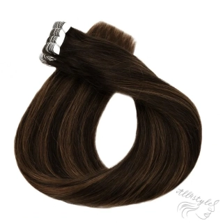Vlasové PU pásky MINI tape in na prodlužování vlasů 30cm ombré balayage 02/06/02 - teplá světle hnědá / tmavě hnědá