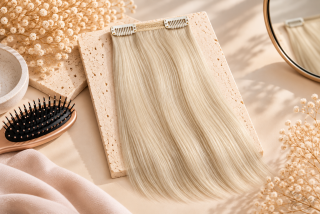 Clip in vlasy (klipy) na prodlužování vlasů jeden pás pro zahuštění (ofina, temeno hlavy, boky) 20cm nejsvětlejší blond šířka 8,5cm 613