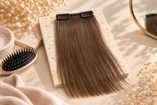 Clip in vlasy (klipy) na prodlužování vlasů jeden pás pro zahuštění (ofina, temeno hlavy, boky) 15cm 04 středně hnědá šířka 8cm