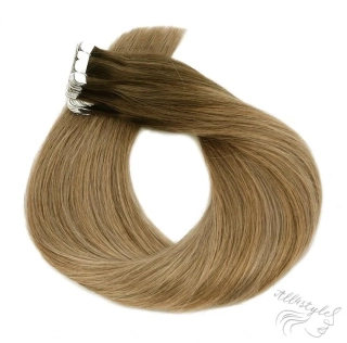 Vlasové PU pásky MINI tape in na prodlužování vlasů 30cm ombré balayage 04/27/24 - středně hnědá / tmavá blond / platinová extra