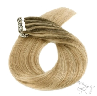 Vlasové PU pásky MINI tape in na prodlužování vlasů 30cm ombré balayage 08/27/60 - světle hnědá / tmavá blond / platina