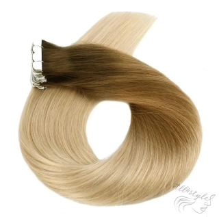 Vlasové PU pásky MINI tape in na prodlužování vlasů 30cm ombré 08/27/60 - světle hnědá / tmavá blond / platina