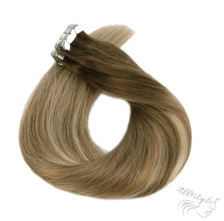 Vlasové PU pásky MINI tape in na prodlužování vlasů 30cm ombré balayage 08/14/60 - světle hnědá / tmavá blond / platina