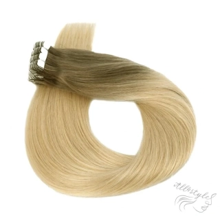 Vlasové PU pásky MINI tape in na prodlužování vlasů 40cm ombré 14/60 - tmavá blond / platina