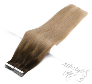 Vlasové PU pásky tape in na prodlužování vlasů 30cm ombré balayage 04/27/24 - středně hnědá / tmavá blond / platinová extra