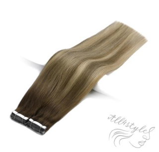 Vlasové PU pásky tape in na prodlužování vlasů 30cm ombré balayage 08/14/60 - světle hnědá / tmavá blond / platina