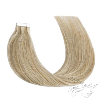 Vlasové PU pásky tape in na prodlužování vlasů 40cm balayage 18/60 - nejsvětlejší hnědá / platina