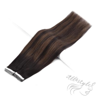 Vlasové PU pásky tape in na prodlužování vlasů 40cm ombré balayage 02/06/02 - teplá světle hnědá / tmavě hnědá