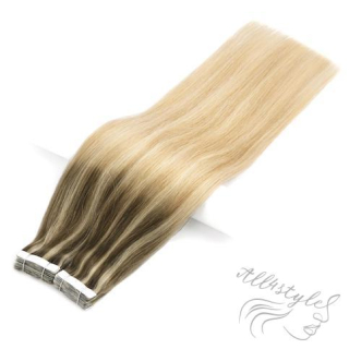 Vlasové PU pásky tape in na prodlužování vlasů 40cm ombré balayage 08/24/60 - světle hnědá / platinová extra / platina