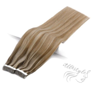 Vlasové PU pásky tape in na prodlužování vlasů 40cm ombré balayage 08/27/60 - světle hnědá / tmavá blond / platina
