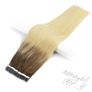 Vlasové PU pásky tape in na prodlužování vlasů 40cm ombré 08/60 - světle hnědá / platina